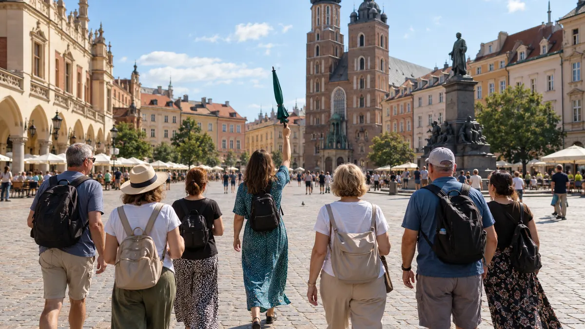 Przewodniczka z parasolką uniesioną do góry prowadzi grupę turystów przez rynek starego miasta w słoneczny dzień