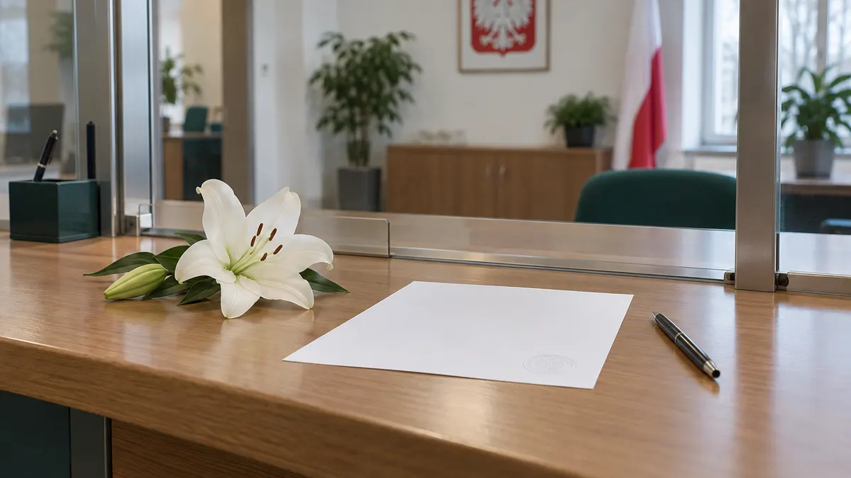 Spokojne wnętrze urzędu, na drewnianym blacie okienka leży kartka z pieczęcią i długopis, obok biała lilia