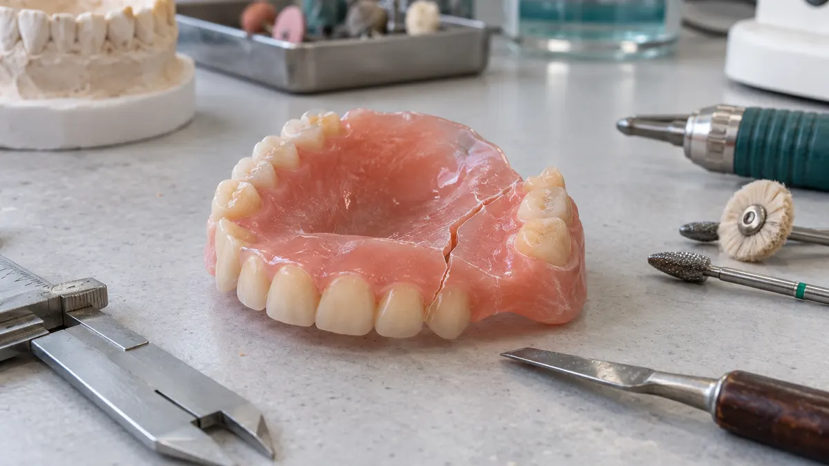 Akrylowa proteza zębowa leżąca na stole pracowni protetycznej obok narzędzi technika dentystycznego, jasne światło dzienne
