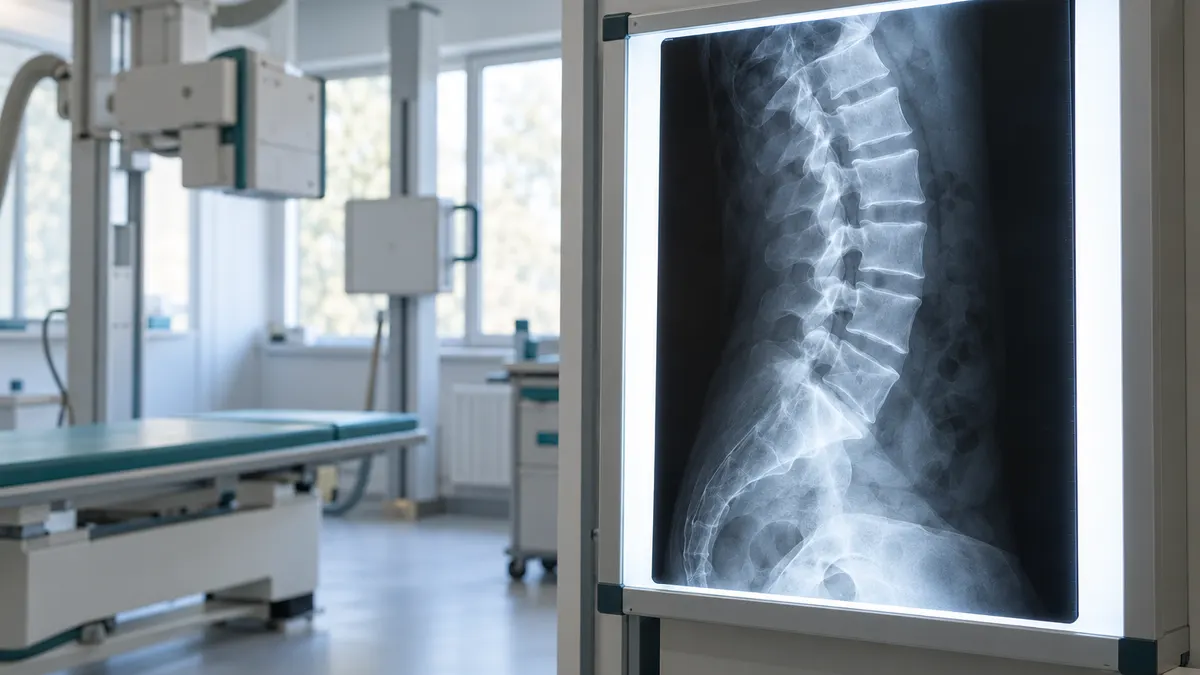 Zdjęcie rentgenowskie odcinka lędźwiowego kręgosłupa w projekcji bocznej na podświetlanym ekranie w pracowni radiologicznej