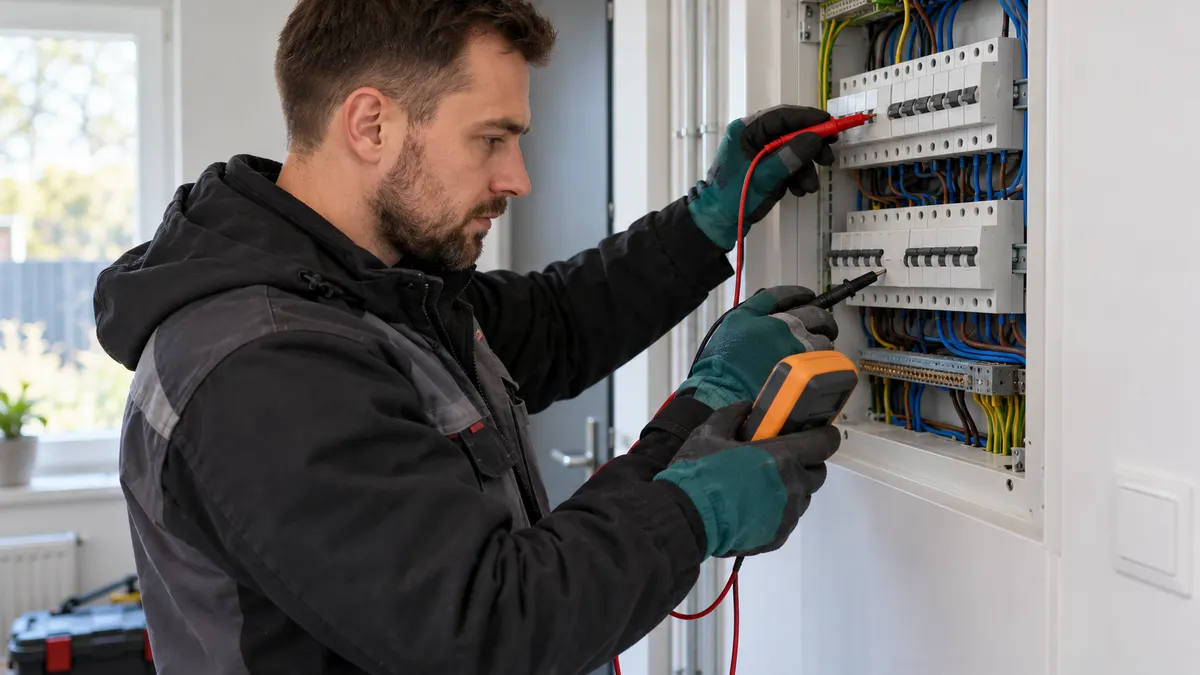 Elektryk w rękawicach izolacyjnych sprawdza miernikiem otwartą rozdzielnicę elektryczną z bezpiecznikami