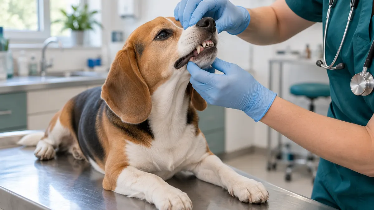 Lekarz weterynarii w rękawiczkach ogląda zęby spokojnego psa rasy beagle na stole w jasnym gabinecie