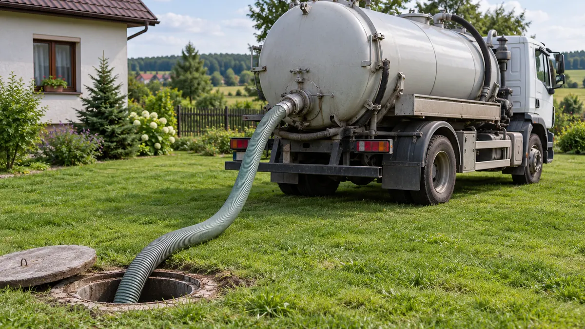 Wóz asenizacyjny z wężem podłączonym do betonowego szamba przy domu jednorodzinnym na wsi